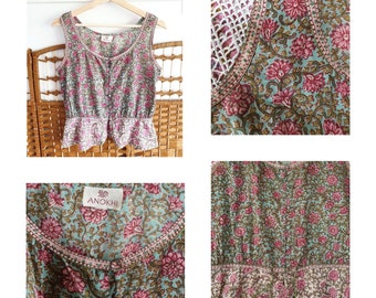 Ditsy floral Anokhi Ethnic Boho Indian cotton hand blocked tank blouse ~ festival top Folk Hippie vest 90s does 70s lawn cotton cami  s