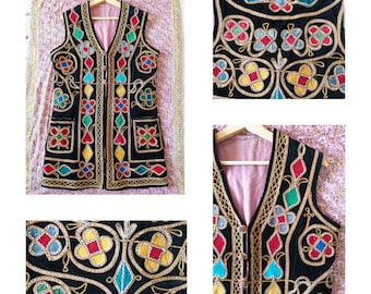 Afghan Style Embroidered Appliqued Waistcoat ~ gypsy Boho Hippie Jimi Hendrix harlequin Vest s m / 60s Afghan Turkish Ottoman