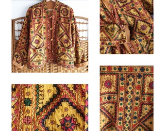 BEAUTIFUL effortless Indian embroidered cotton jacket ~ mustard ochre yellow kimono boho hippy jacket / s m l /  Guatemalan style /mirrors