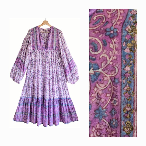 Vintage 1970s PHOOL vintage Indian cotton gauze dress ~ hand printed blue dress boho hippy smock block print dress 60s ethnic ~ art ~ s