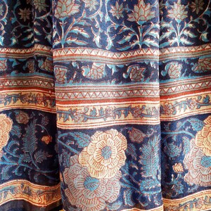 May include: Close-up of a fabric with a floral pattern in navy blue, teal, and cream. The design features large flowers and intricate leaf patterns, with borders of geometric and floral motifs.