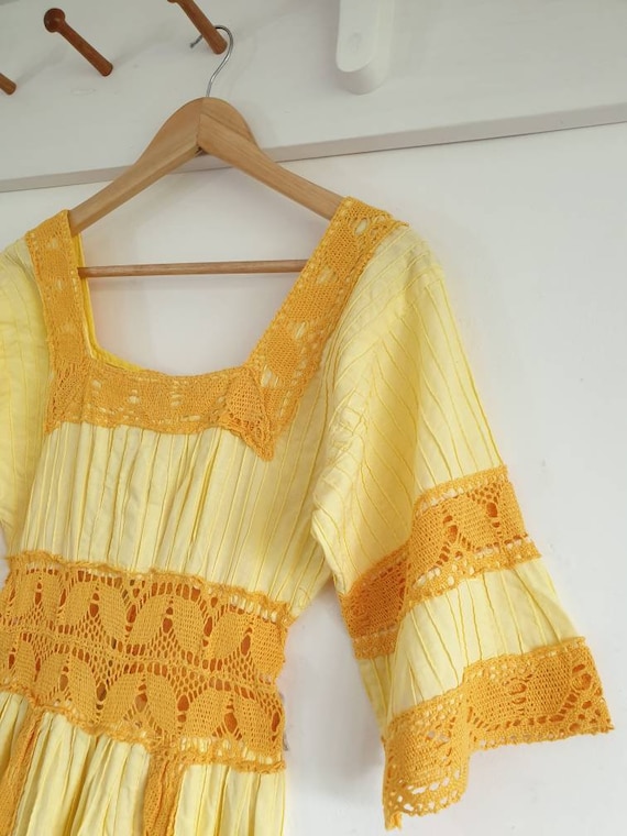 Yellow Vintage cotton Mexican wedding dress  ~ Gy… - image 9