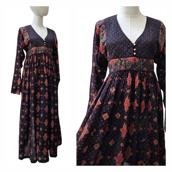 ANOKHI hand block print vintage Indian Cotton gauze folk Dress ~ Bohemian Gypsy Festival folk boho hippy dress / s m / black orange gold