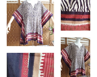 ANOKHI 1990s Block print Indian cotton kaftan top dress tunic ~ resort wear Festival loungetop boho hippy free size ~ s m l xl