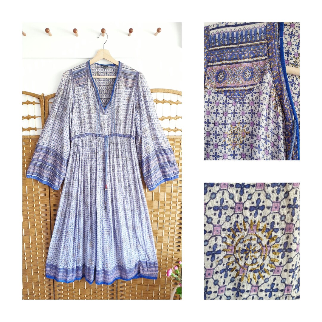 Vintage Indian Gauze Dress ~folk Boho Hippy Block Print Dress S M / Uk ...