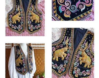 Cotton velvet Embroidered Elephant Waistcoat ~ m  / uk 14 12  / usa 10 8 / made in Thailand Ottoman beaded  Gypsy Boho folk Jimi Hendrix