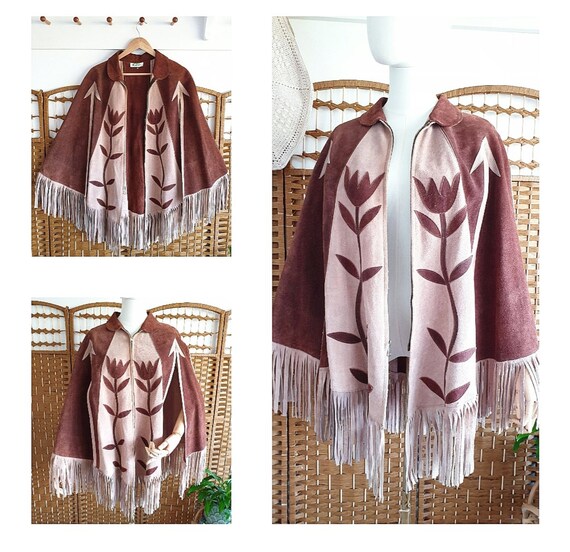 Adorable 1960s Vintage Suede Poncho Jacket Cape Mexican 70s 