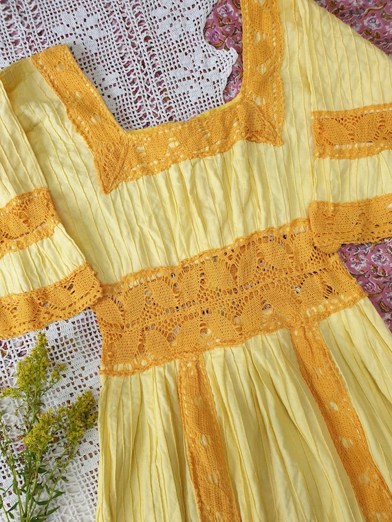Yellow Vintage cotton Mexican wedding dress  ~ Gy… - image 2