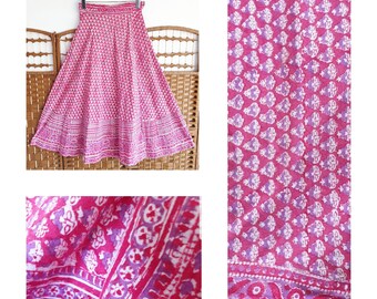 PHOOL 1970s Indian cotton hand block print wrap skirt  ~ Gypsy Festival Folk boho skirt ~ s m ~ ethnic 60s midi skirt  ~ red & purple