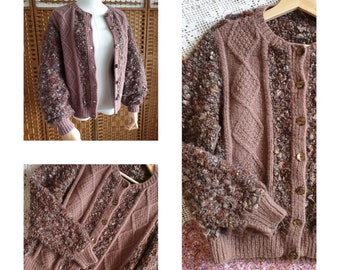 Hand crafted 1970s wool cardigan t ~  vintage textured sweater  ~  chunky hand knit ~ 70s does 40s style ~ land girls ~ cottagecore s m