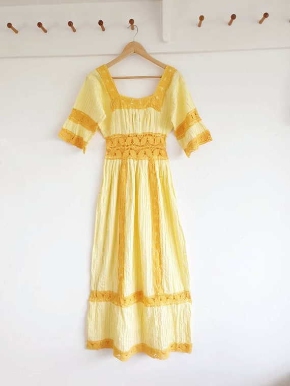 Yellow Vintage cotton Mexican wedding dress  ~ Gy… - image 5