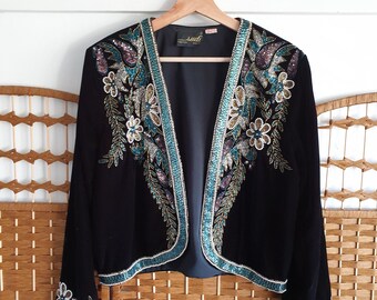 Black Velvet Indian Embroidered Beaded Jacket ~ 80s 70s 90s