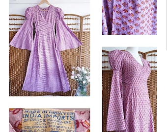 1970s India Imports lavender purple vintage Indian Cotton Block Print Dress ~ folk boho hippy ~  xs xxs ~ ethnic ~ Adini angel puff sleeve