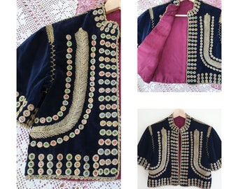 Blue velvet handmade embroidered jacket ~ hippy / boho / rare Taqsireh / Turkish / Afghan  / ottoman / m s  ~ 60s hippy Jimi Hendrix vibes