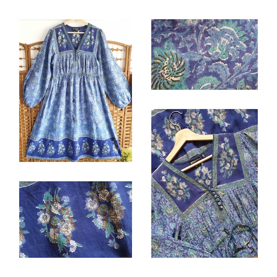 Rare Interlinks Indian Cotton Dress ~ blue green … - image 1