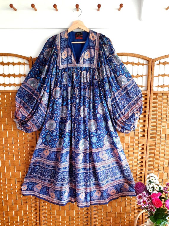 Vintage Ritu Kumar Indian Silk Dress ~ Hand block print ~ Blue Floral Balloon Sleeve ~ bohemian 70s 60s smock