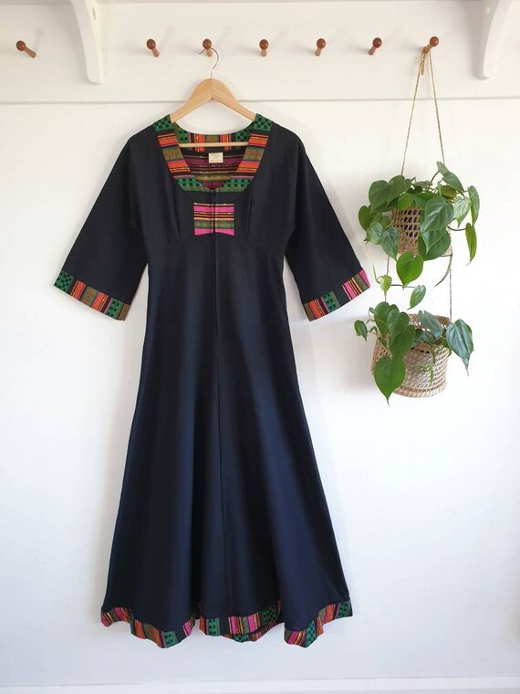 Vintage 1970s black cotton kaftan dress ~ boho hi… - image 2