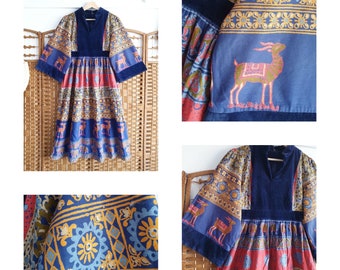 Vintage 1970s John Adams dress ~ Afghan style Folk boho hippy prairie dress  ~ s  Uk 8  10 / US  4 6  cotton velvet ethnic bohemian smock ~