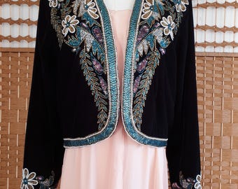 【vintage】インド刺繍タッセルジャケット Black Velvet Indian Embroidered Beaded Jacket ~ 80s 70s 90s