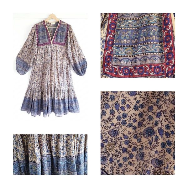 Vintage Indian gauze dress ~  hand block print dress ~ size small to xs  ~ tent dress ~ festival 70s kaftan ~