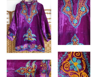 Indian velvet embroidered mini dress robe hippy folk ethnic boho kaftan top / uk 6 8 / s xs  / usa 2 4 / india afghan turkish style tunic