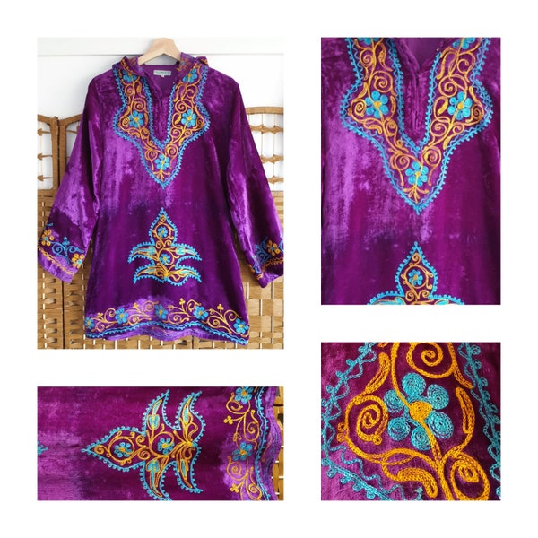 Indian velvet embroidered mini dress robe hippy folk ethnic boho kaftan top / uk 6 8 / s xs  / usa 2 4 / india afghan turkish style tunic