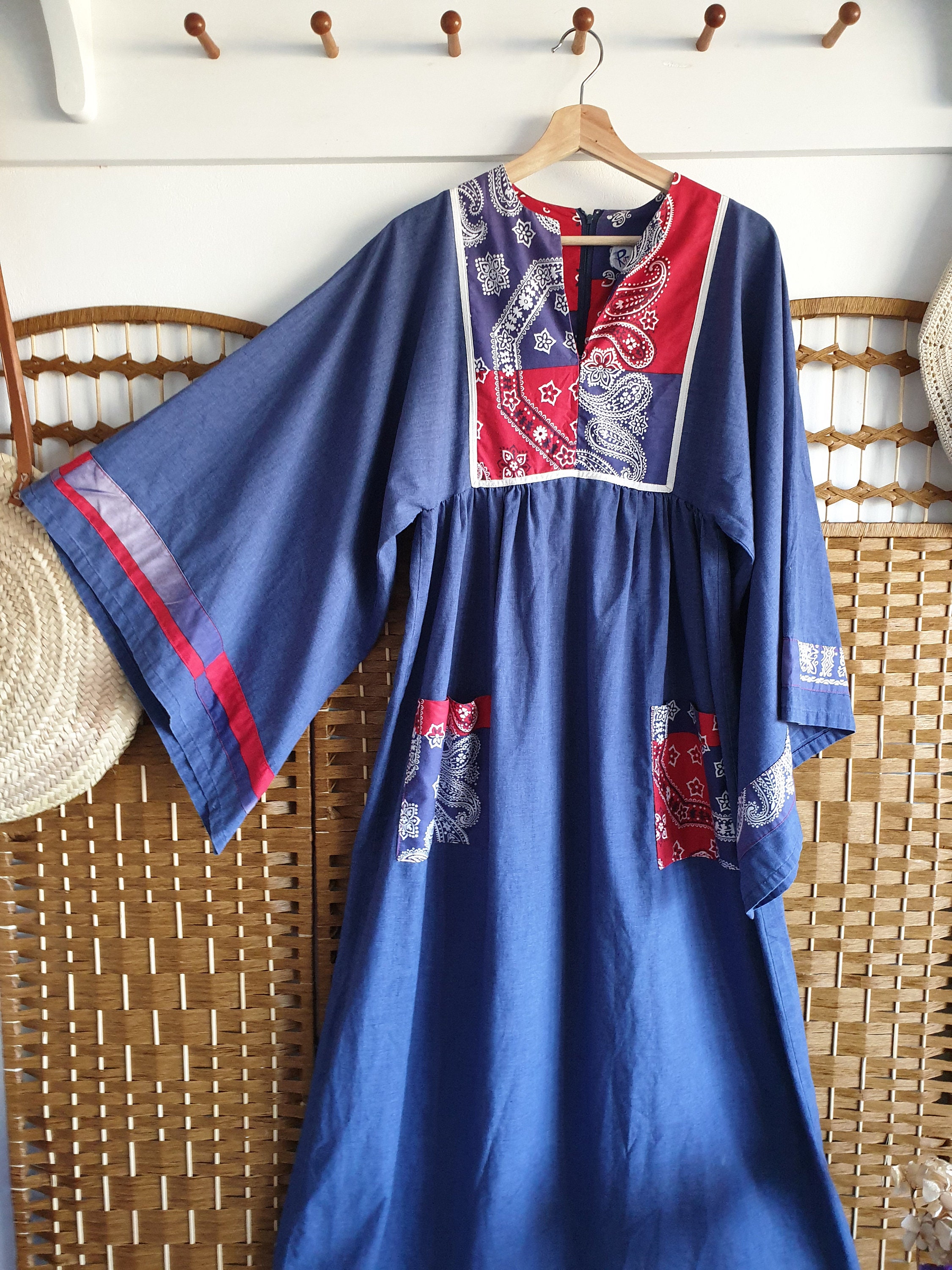 1970s Cotton Maxi Dress ~ Angel Sleeves Kaftan Caftan ~ Denim Coloured ...