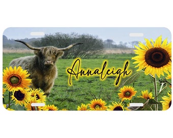 Sunflowers Highland Cow Personalized License Plate Monogrammed Custom Auto Car Tag