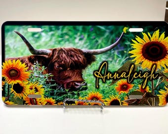 Highland Cow Sunflowers Personalized License Plate Monogrammed Custom Auto Car Tag