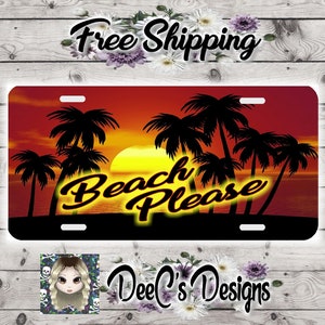Beach Please Red Orange Sunset Personalized License Plate Palm Trees  Beach Auto Car Tag Monogram