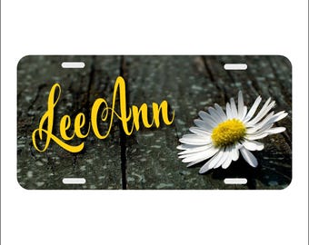 Daisy Rustic Wood Print Personalized Car Tag Custom