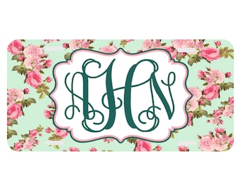 Floral Roses Mint Personalized License Plate - Monogrammed Car Tag