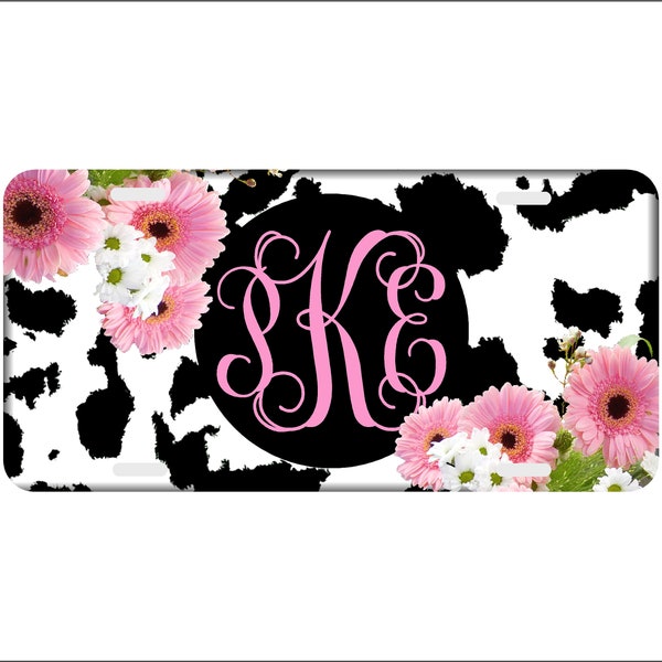 Cow Print Pink Flowers Personalized License Plate Monogrammed Custom Auto Car Tag
