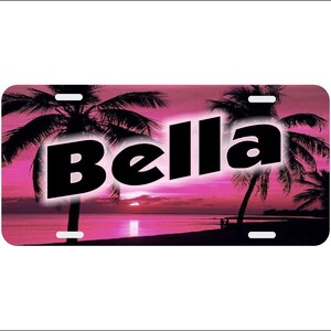 Pink Sunset Personalized License Plate Palm Trees Ocean Beach Auto Car Tag Monogram