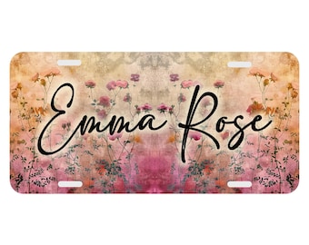 Monogram License Plate Whimsical Floral Pink Peach Auto Car Tag