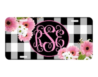 Pink Flowers Plaid Print Personalized License Plate Name or Monogrammed Auto Car Tag