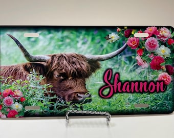 Highland Cow Pink Flowers Personalized License Plate Monogrammed Custom Auto Car Tag