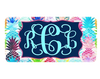 Pineapple Aqua Pink Lime License Plate  Monogrammed Personalized Auto Tag Car Tag Monogram
