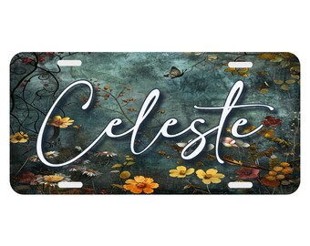 Monogram License Plate Watercolor Denim Blue Teal Whimsical Background Personalized Vanity Auto Car Tag