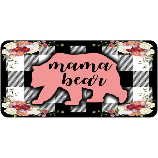 Personalized License Plate Mama Bear Plaid Monogrammed Car Tag Coral Roses Auto Tag, Car Tag