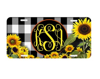 Sunflowers Plaid Print Monogrammed License Plate Personalized Auto Car Tag