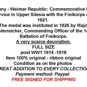 Germany WW1 Military Medal Freikorps Upper Silesia Service 1921 Commemorative Service Decoration Award German image 3