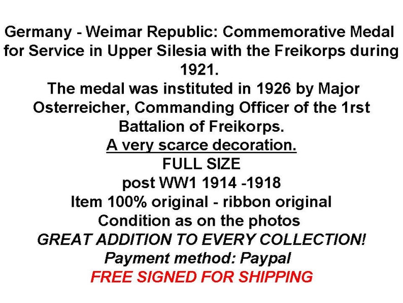 Germany WW1 Military Medal Freikorps Upper Silesia Service 1921 Commemorative Service Decoration Award German image 3