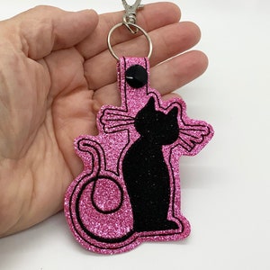 Black Cat Pink Glitter Faux Lightweight Leather Keychain, Key fob, Luggage Tag