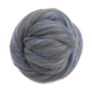 May include: A ball of gray wool yarn with blue flecks throughout.