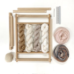 Weaving kit for beginners with 30 page E-book / weaving loom with yarn and accessories / weaving starter's kit / learn to weave Soft Cloud