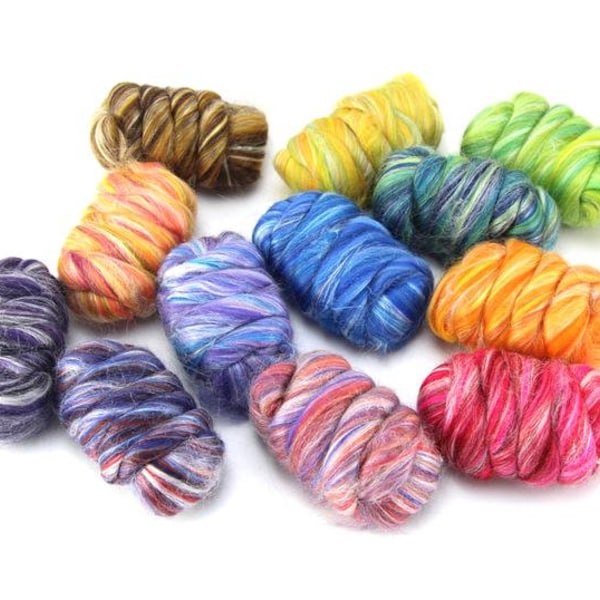 New! Blended  Merino / Tussah Silk  wool roving assortment kit,  12 colors included : 250g ( 9oz ) total.