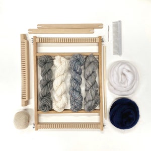 Weaving kit for beginners with 30 page E-book / weaving loom with yarn and accessories / weaving starter's kit / learn to weave Glacier