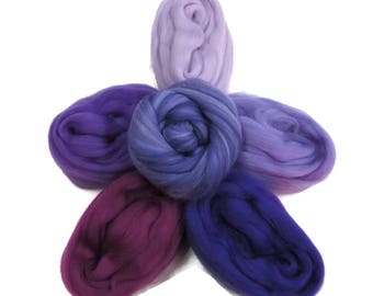 Felters Palette Merino Wool Roving Kit- 5 Purples Colors Superfine Wool Fibers Assortment (blended roving optional)