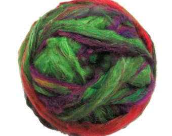 Pulled Sari Silk Roving, color: Multi Mix (PS-29) Green / Purple / Red